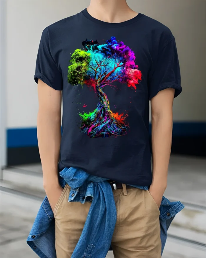 Colorful Tree of Life T-Shirt Abstract Vibrant Nature Art - model wearing navy shirt, hands in pockets