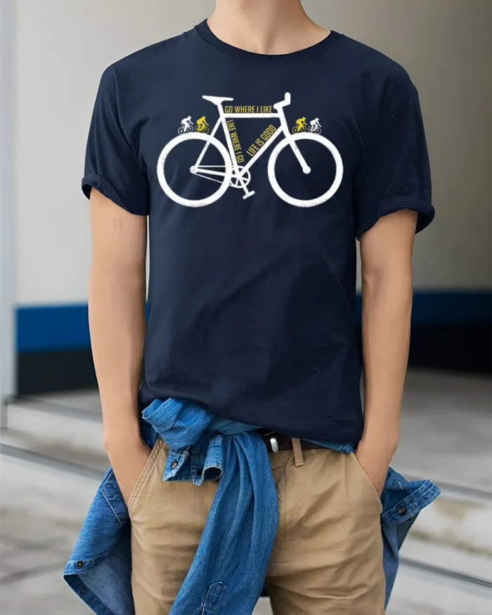 Go Where I Like Bike T-Shirt Life Is Good Cycling - model wearing navy shirt, hands in pockets