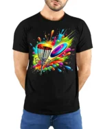 Color Splash Disc Golf T-Shirt Vibrant Flying Disc - model wearing black shirt, hands behind back