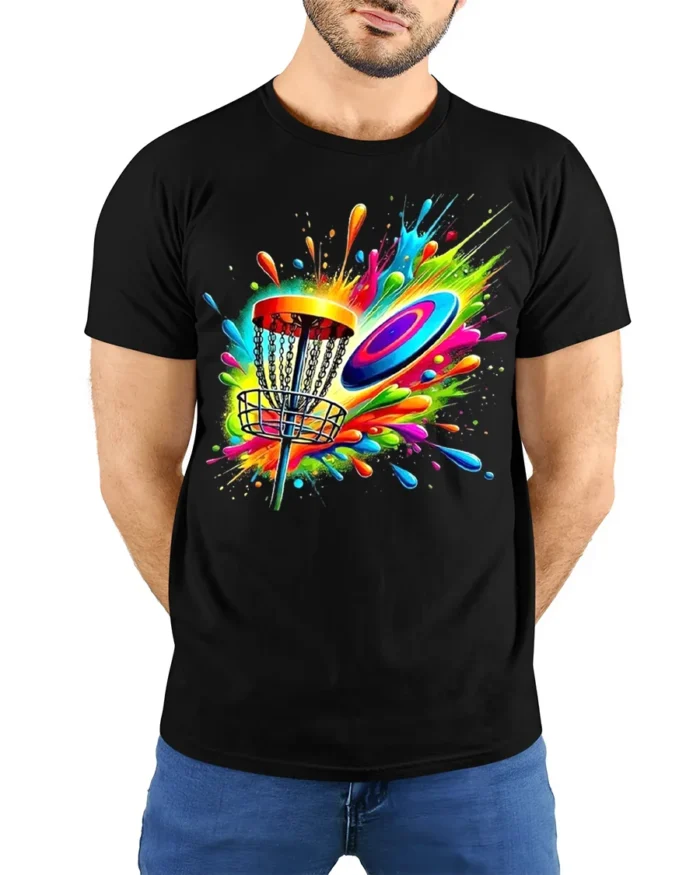 Color Splash Disc Golf T-Shirt Vibrant Flying Disc - model wearing black shirt, hands behind back