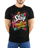 Stay Positive Motivational Graphic T-shirt for Men - model wearing black shirt, hands behind back