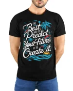 Create Your Future Motivational T-shirt with Tropical Print - model wearing black shirt, hands behind back