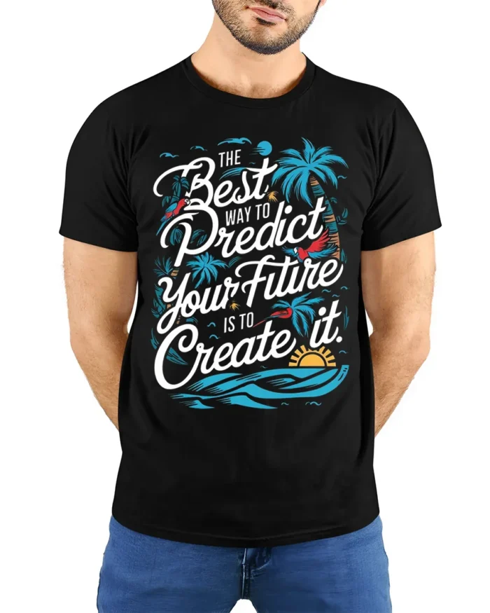 Create Your Future Motivational T-shirt with Tropical Print - model wearing black shirt, hands behind back