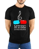 Music Is Medicine T-shirt with Pill and Treble Note Art - model wearing black shirt, hands behind back