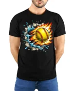 Fireball Softball T-shirt with Water Splash and Impact Art - model wearing black shirt, hands behind back