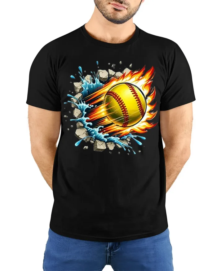 Fireball Softball T-shirt with Water Splash and Impact Art - model wearing black shirt, hands behind back