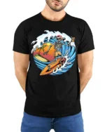 Skeleton Surfing Sunset T-shirt with Beach and Wave Art - model wearing black shirt, hands behind back