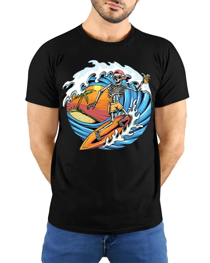 Skeleton Surfing Sunset T-shirt with Beach and Wave Art - model wearing black shirt, hands behind back