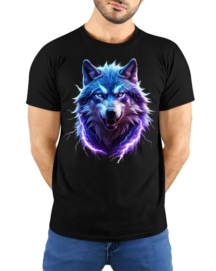 Electric Blue Wolf T-Shirt Fierce Lightning Animal - model wearing black shirt, hands behind back