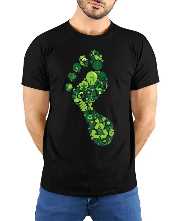 Eco Footprint T-shirt with Recycle and Green Energy Icons - model wearing black shirt, hands behind back