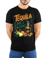 Tequila Lime and Sunshine T-Shirt Fun Summer Beach - model wearing black shirt, hands behind back