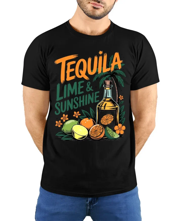 Tequila Lime and Sunshine T-Shirt Fun Summer Beach - model wearing black shirt, hands behind back
