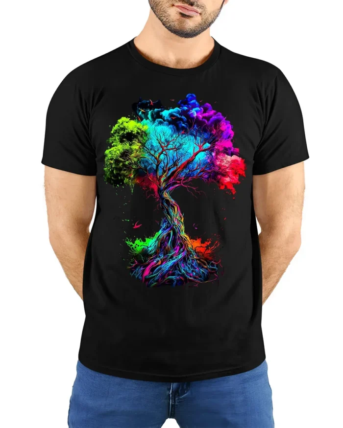 Colorful Tree of Life T-Shirt Abstract Vibrant Nature Art - model wearing black shirt, hands behind back