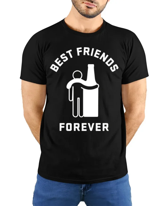 Best Friends Forever Beer T-Shirt Funny Drinking - model wearing black shirt, hands behind back