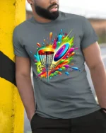 Color Splash Disc Golf T-Shirt Vibrant Flying Disc - model in grey shirt leaning against column