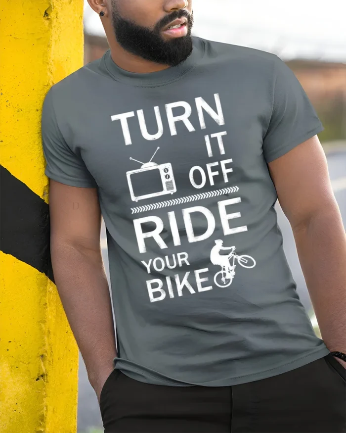 Turn It Off Ride Your Bike Motivational Biking T-shirt - model in grey shirt leaning against column