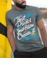 Create Your Future Motivational T-shirt with Tropical Print - model in grey shirt leaning against column