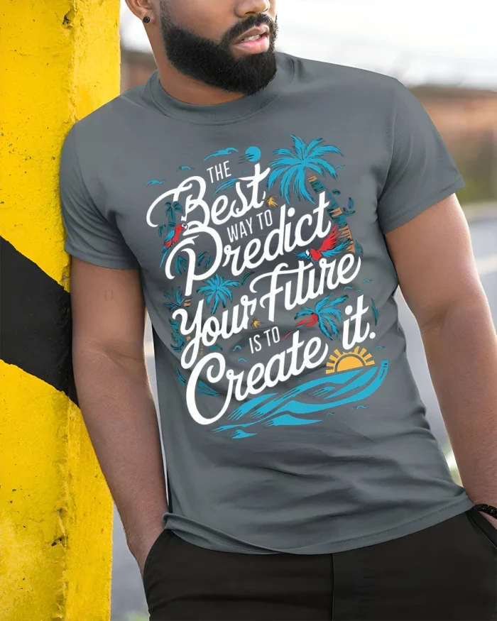 Create Your Future Motivational T-shirt with Tropical Print - model in grey shirt leaning against column