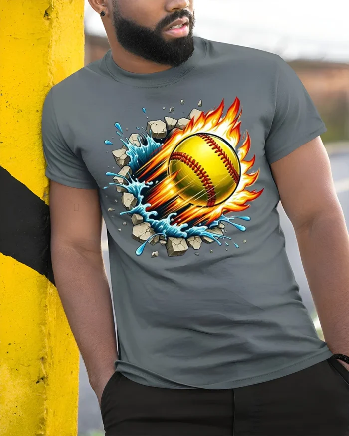 Fireball Softball T-shirt with Water Splash and Impact Art - model in grey shirt leaning against column