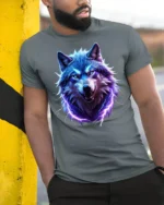 Electric Blue Wolf T-Shirt Fierce Lightning Animal - model in grey shirt leaning against column