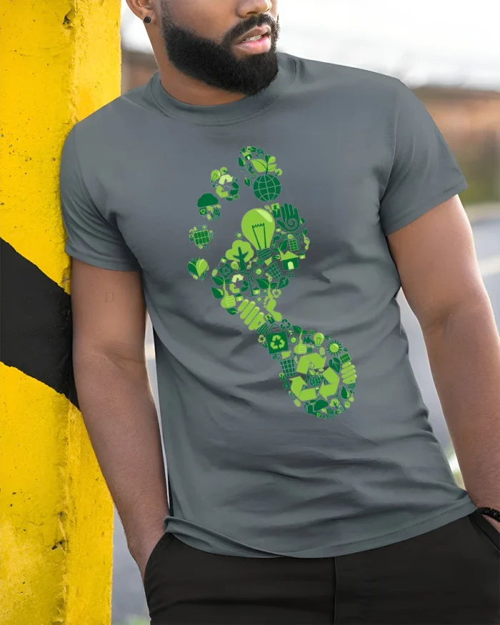 Eco Footprint T-shirt with Recycle and Green Energy Icons - model in grey shirt leaning against column