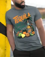 Tequila Lime and Sunshine T-Shirt Fun Summer Beach - model in grey shirt leaning against column