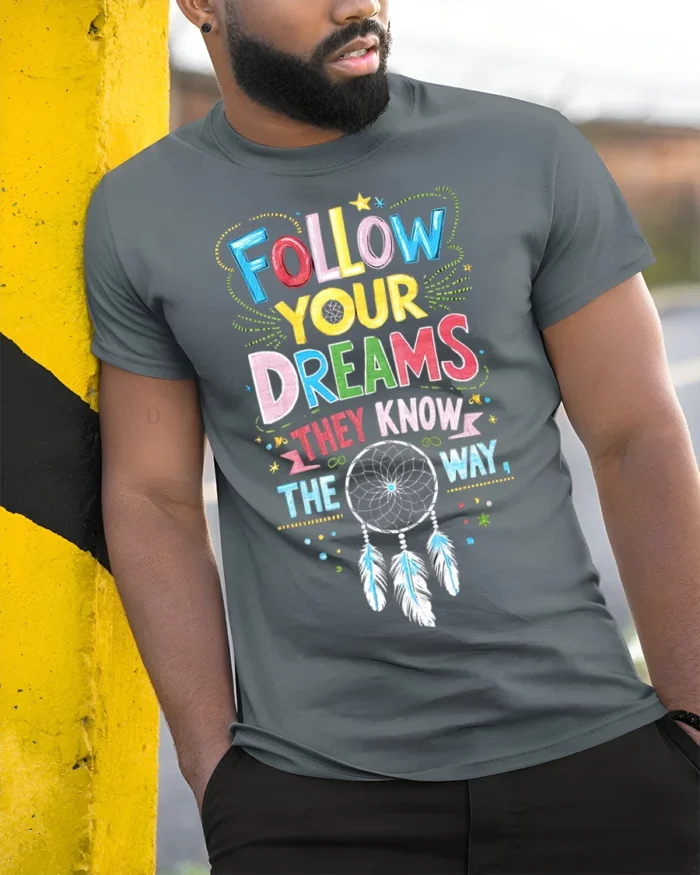 Follow Your Dreams T-Shirt Motivational Dreamcatcher - model in grey shirt leaning against column