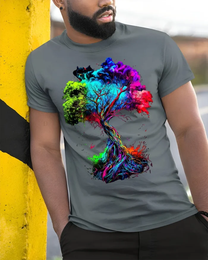 Colorful Tree of Life T-Shirt Abstract Vibrant Nature Art - model in grey shirt leaning against column