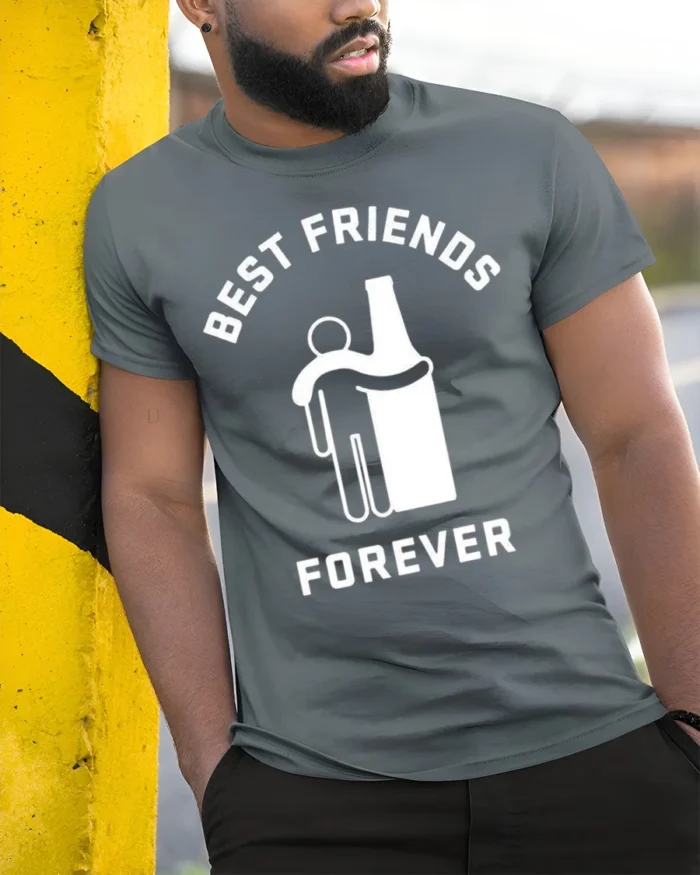 Best Friends Forever Beer T-Shirt Funny Drinking - model in grey shirt leaning against column