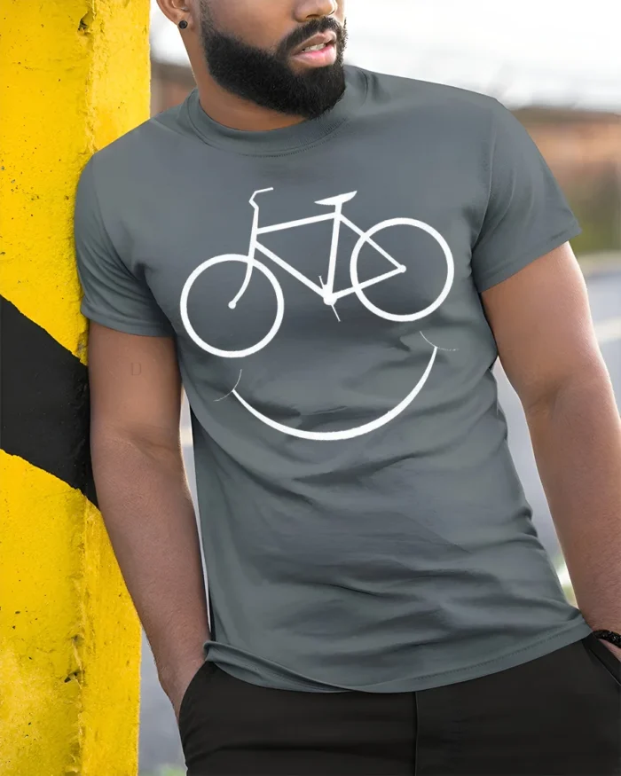 Bike Smile T-Shirt Minimalist Cycling Tee for Bikers - model in grey shirt leaning against column