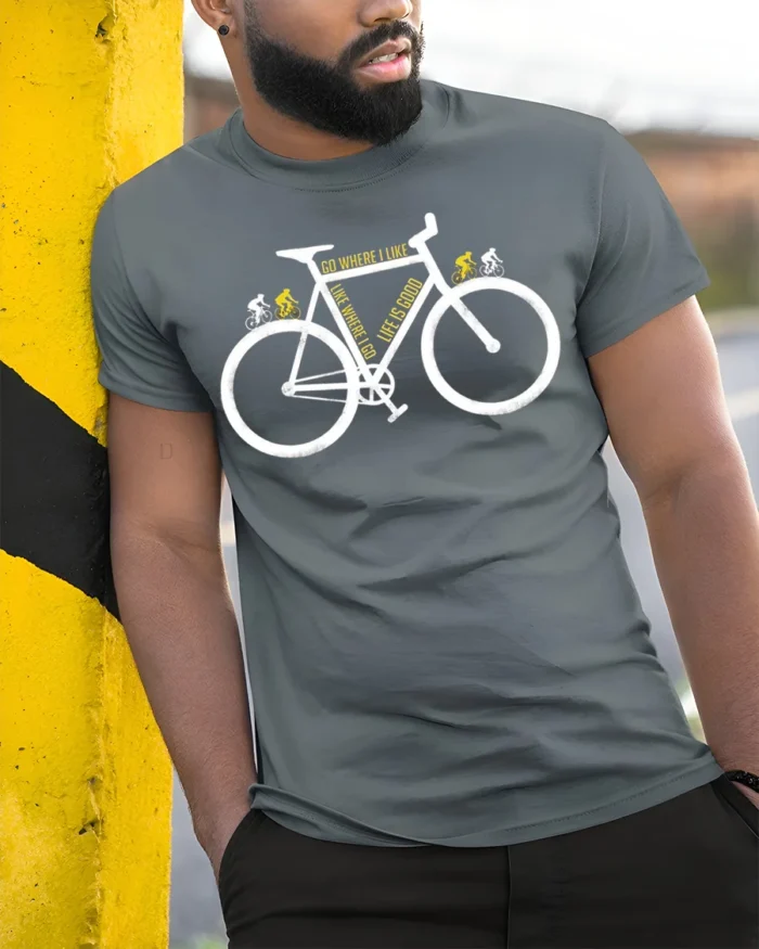 Go Where I Like Bike T-Shirt Life Is Good Cycling - model in grey shirt leaning against column