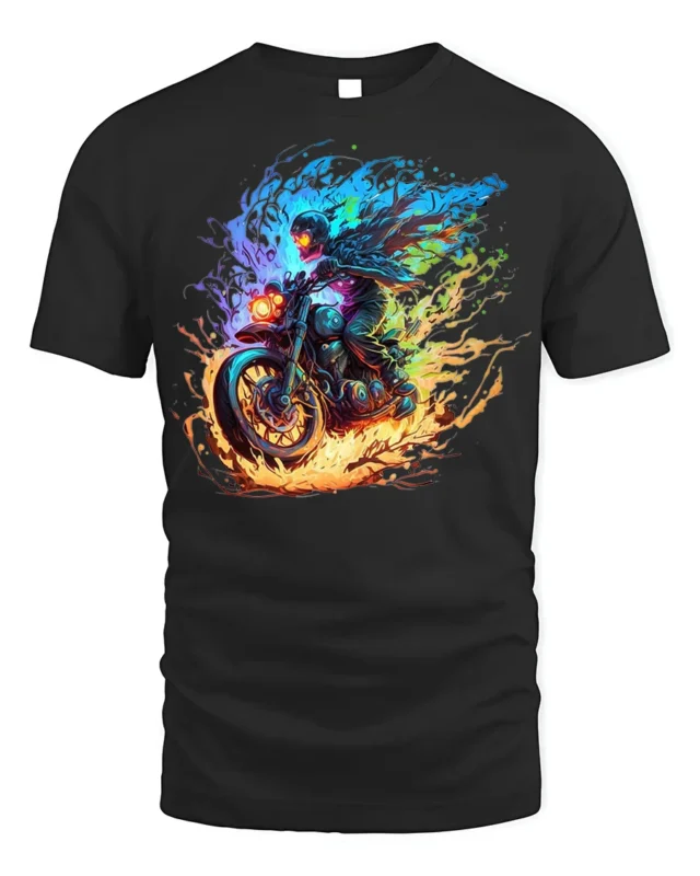 Flaming Biker Graphic T-Shirt Fire Fury Motorcycle - black t-shirt on white background