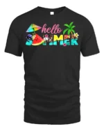 Hello Summer Tropical T-Shirt with Beach and Fruit Design - black t-shirt on white background