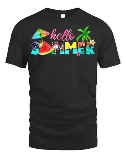 Hello Summer Tropical T-Shirt with Beach and Fruit Design - black t-shirt on white background