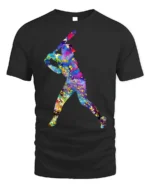 Colorful Baseball Player T-Shirt Artistic Sports Graphic - black t-shirt on white background