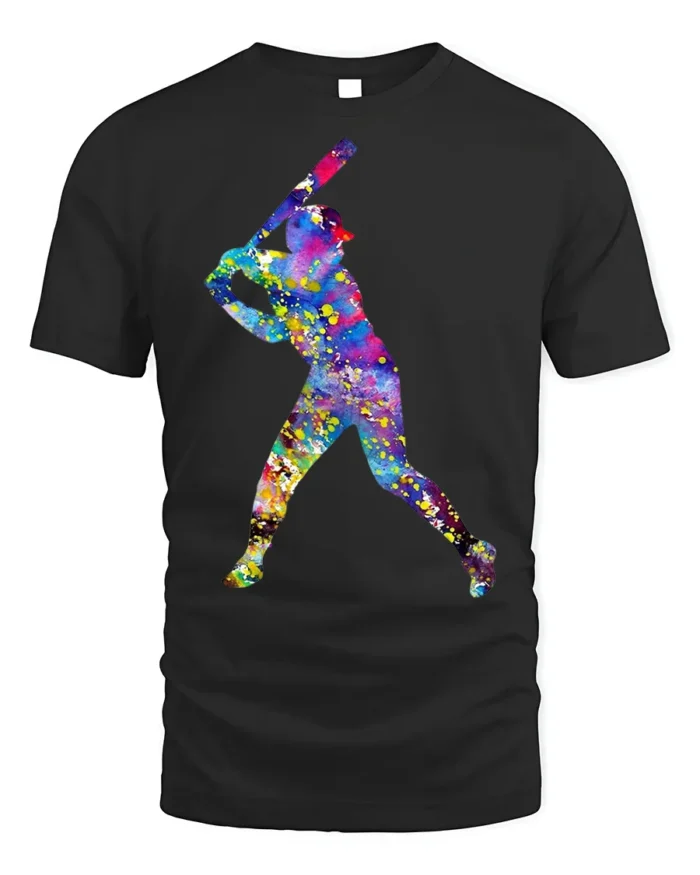 Colorful Baseball Player T-Shirt Artistic Sports Graphic - black t-shirt on white background