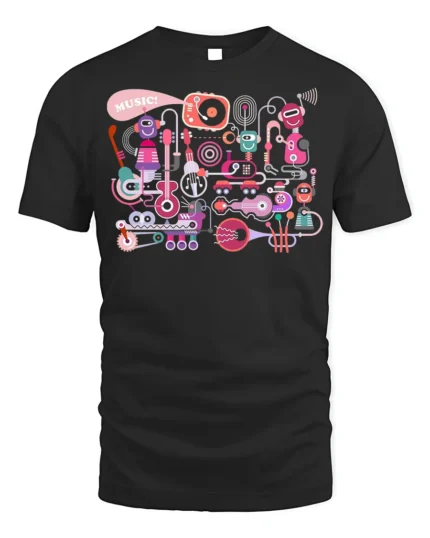 Retro Robot Music T-Shirt Fun Graphic for Music Lovers - black t-shirt on white background