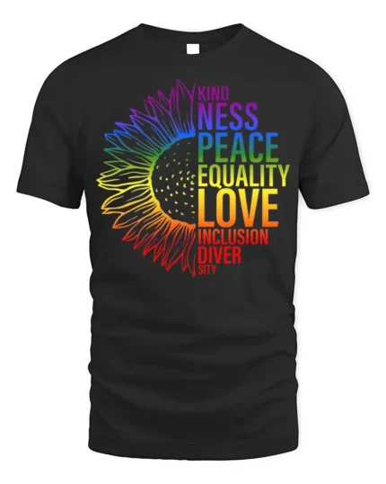 Rainbow Sunflower Equality T-Shirt Love and Inclusion - black t-shirt on white background