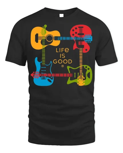 Life Is Good Guitar T-Shirt Colorful Music Lover - black t-shirt on white background