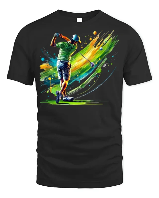 Color Splash Golf Swing T-Shirt Vibrant Golfer Graphic - black t-shirt on white background