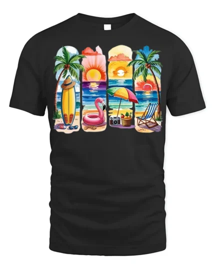 Colorful Beach Vibes T-Shirt Tropical Summer Sunset - black t-shirt on white background