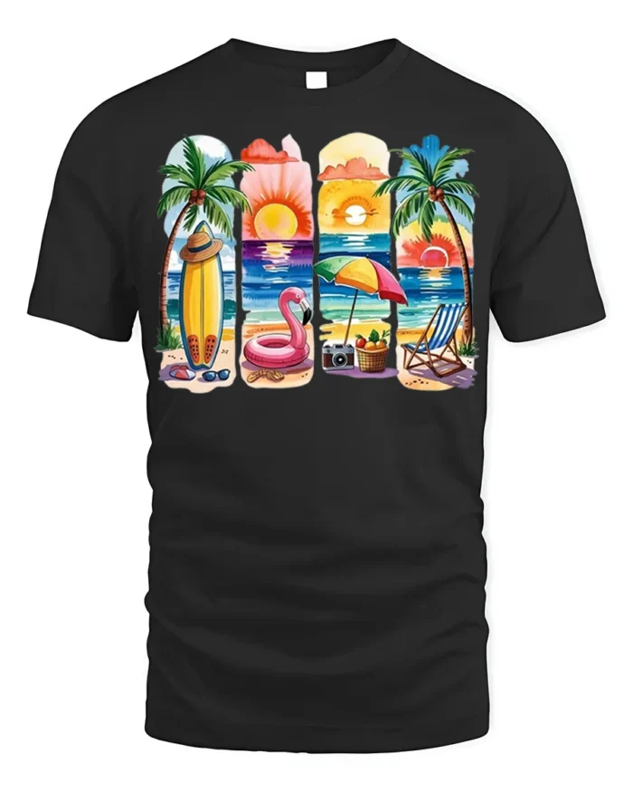 Colorful Beach Vibes T-Shirt Tropical Summer Sunset - black t-shirt on white background