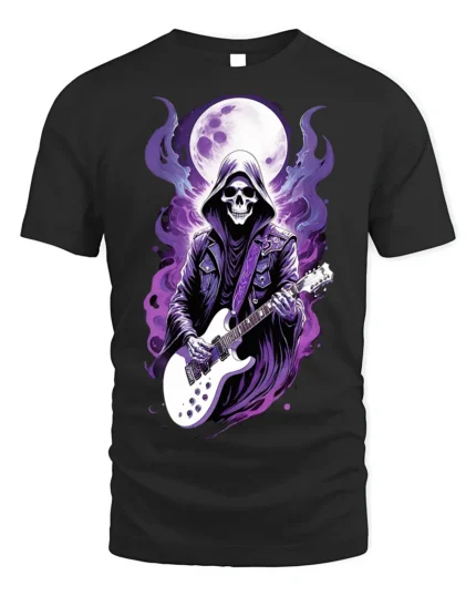 Skull Guitarist T-Shirt Grim Reaper Rock Metal Graphic - black t-shirt on white background