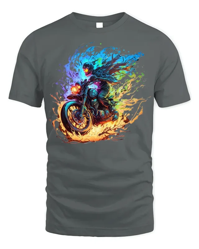 Flaming Biker Graphic T-Shirt Fire Fury Motorcycle - gray t-shirt on white background