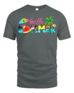 Hello Summer Tropical T-Shirt with Beach and Fruit Design - gray t-shirt on white background
