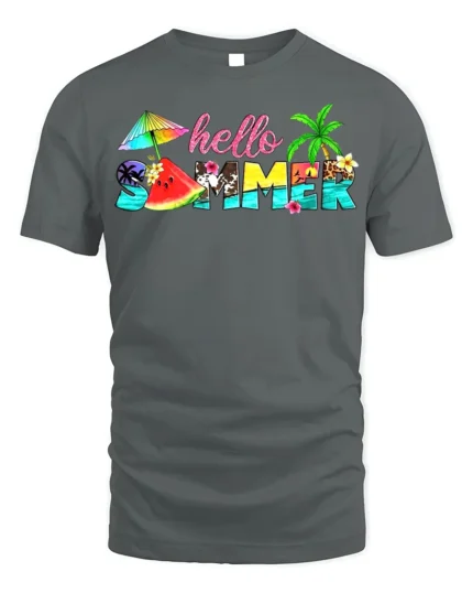 Hello Summer Tropical T-Shirt with Beach and Fruit Design - gray t-shirt on white background