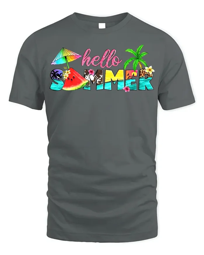 Hello Summer Tropical T-Shirt with Beach and Fruit Design - gray t-shirt on white background