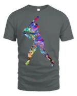 Colorful Baseball Player T-Shirt Artistic Sports Graphic - gray t-shirt on white background