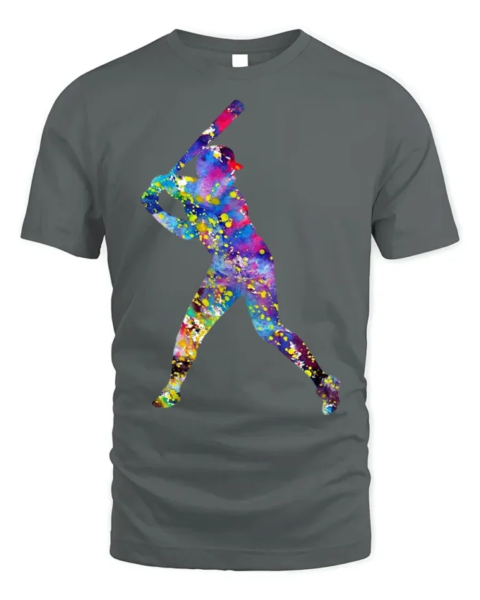 Colorful Baseball Player T-Shirt Artistic Sports Graphic - gray t-shirt on white background