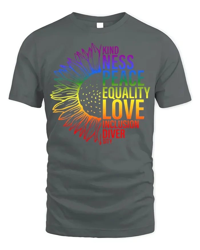 Rainbow Sunflower Equality T-Shirt Love and Inclusion - gray t-shirt on white background